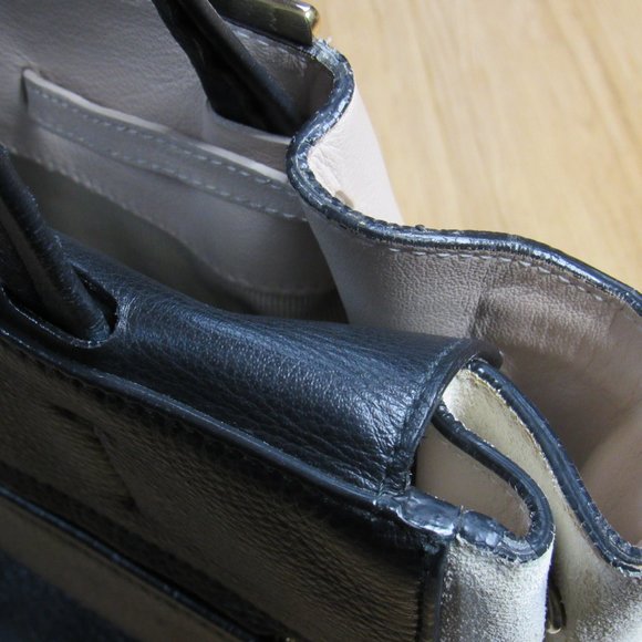 Furla Leather and Suede Drawstring Tote Bag Purse Beige and Black - Picture 8 of 10